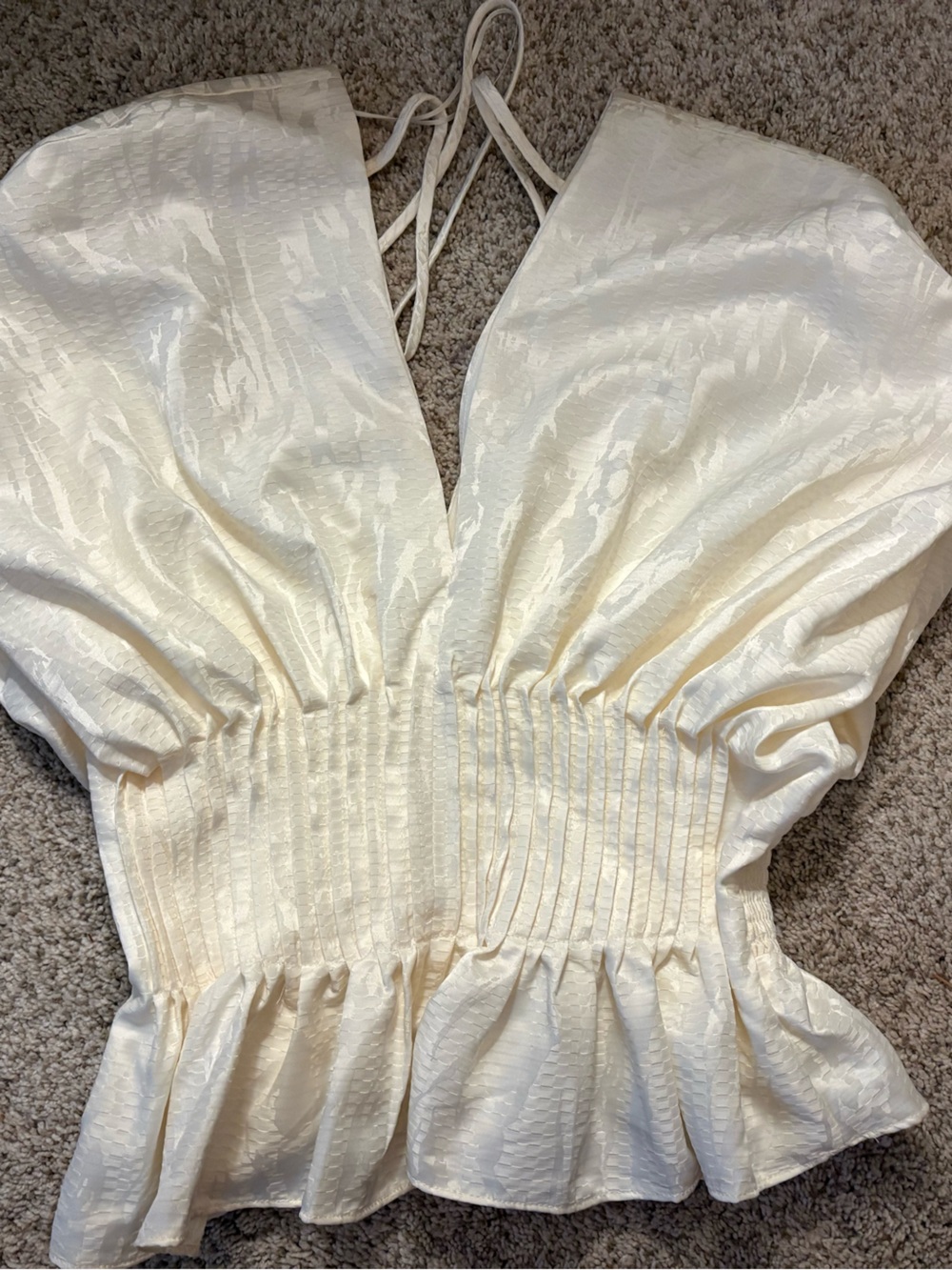 NWT Parker Cream Textured Satin Peplum Double V Neck Top in 10, Pleated/ Smocked